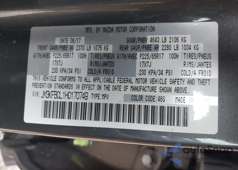 2017 Mazda Cx-5 Touring z USA, uszkodzony, nr VIN JM3KFBCL1H0170749